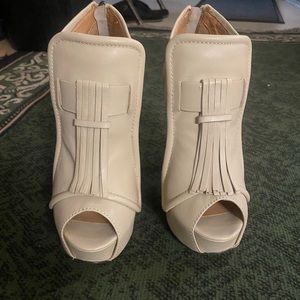 LAMB Tassel 5” cream heel open toe bootie